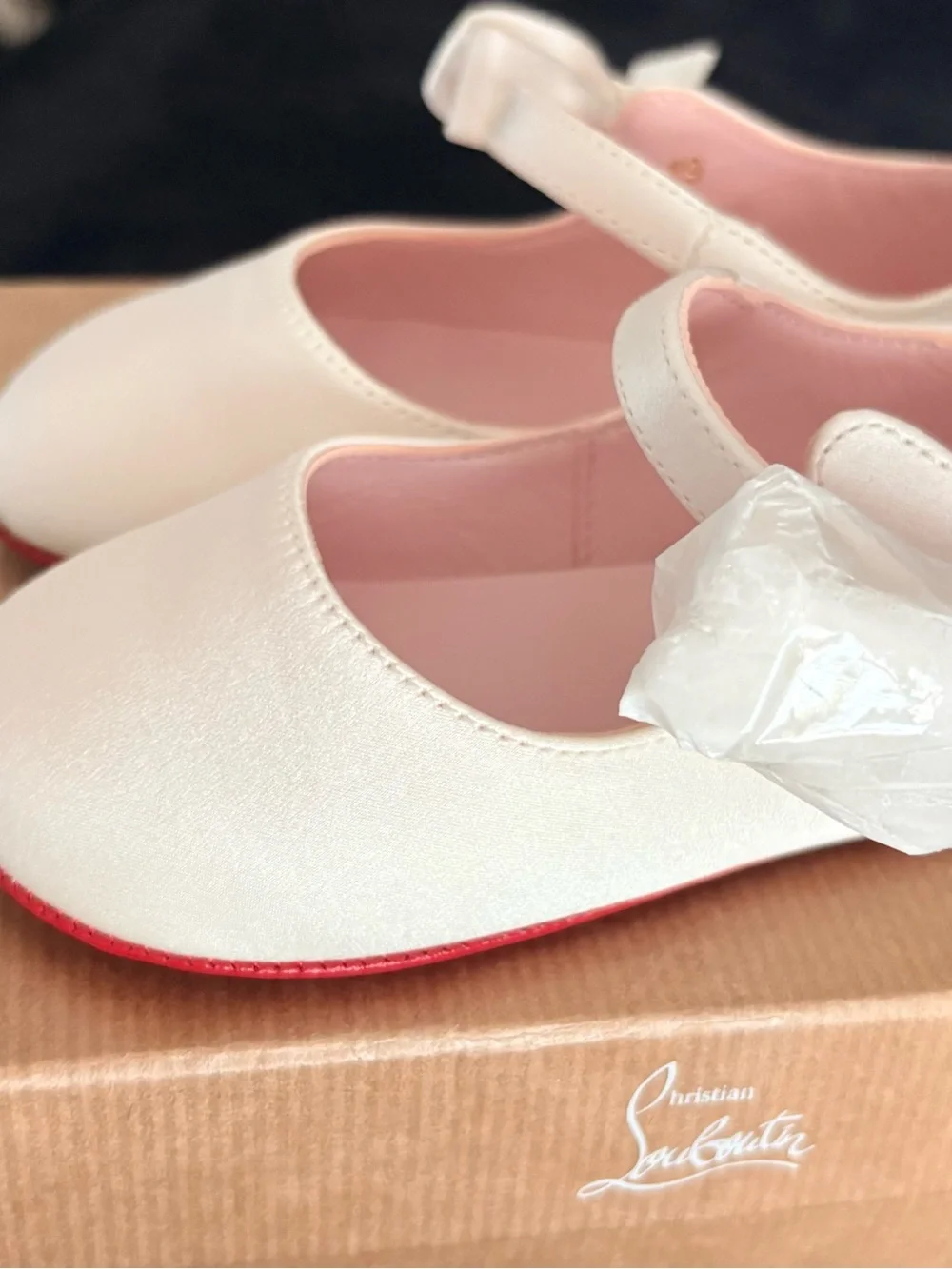Christian Louboutin Cream Kids Mary Jane Shoes with Pink Interior and Bow